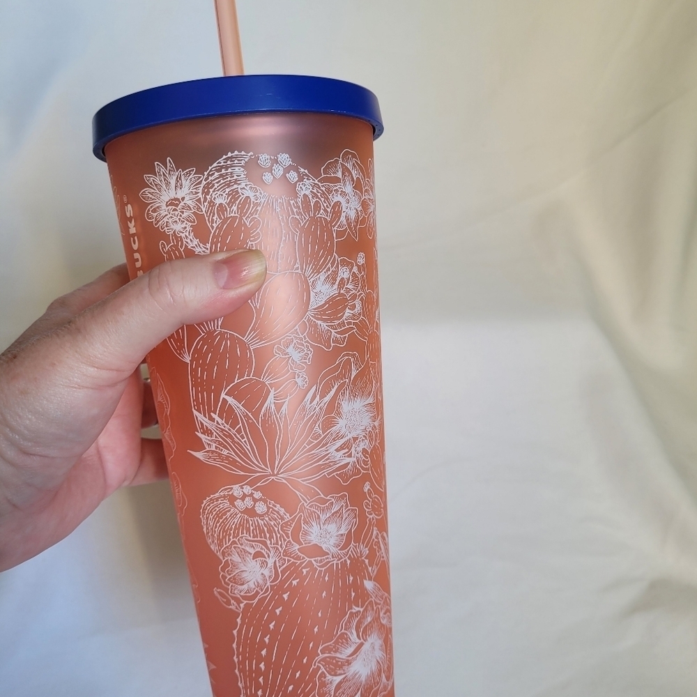 Starbucks Matte Coral Pink Cactus Venti 24 Oz Tumbler w/ Straw Travel Cup RARE